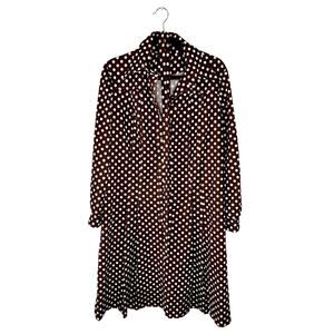 Vintage 70s Honeycomb Brown White Polka Dot Shift Dress Belted Long Sleeve S/M